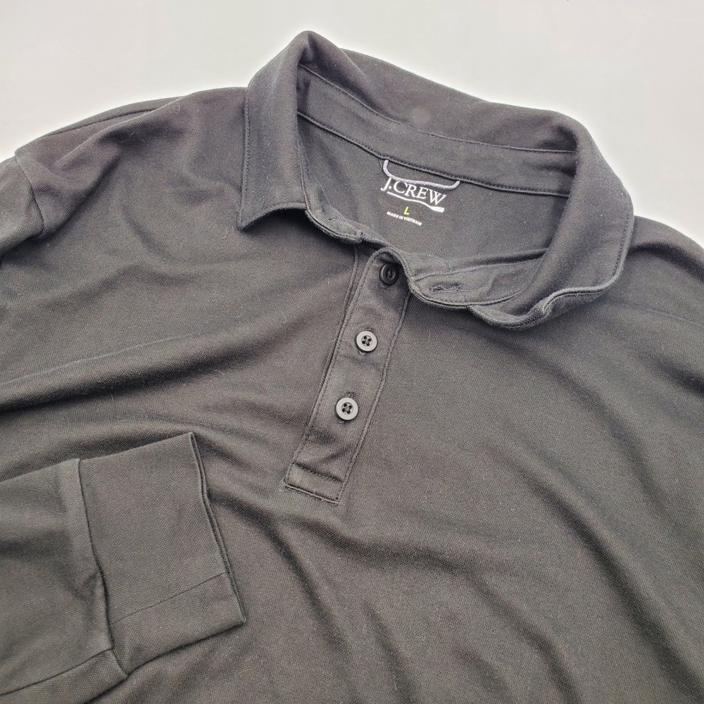 J.Crew Mens Long Sleeve Polo Shirt Black Coolmax Cotton Blend Size L Regular